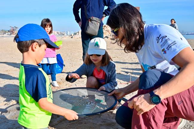 Muchas familias con niños pequeños se sumaron a la iniciativa para limpiar un tramo de la playa del Racó, en La Pineda. Foto: Alfredo González