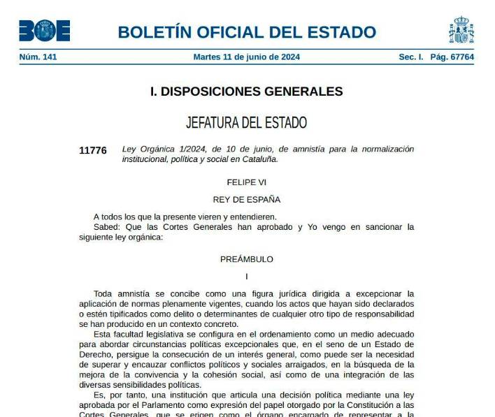 Imagen de la página del BOE en el que se ha publicado la ley de amnistía. Foto: BOE Imagen de la página del BOE en el que se ha publicado la ley de amnistía. Foto: BOE