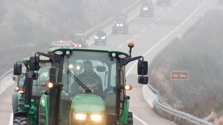 Marcha lenta de tractores por la carretera N-420 en la Ribera d’Ebre, a primera hora de la mañana. Foto: Joan Revillas