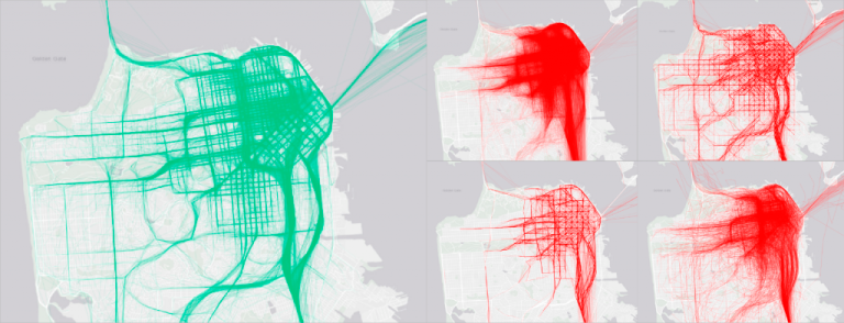 $!Trayectorias originales en verde; trayectorias anonimizadas utilitzando diferentes métodos en rojo. Foto: URV
