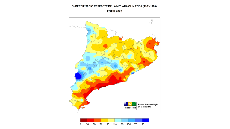 Porcentaje de precipitaciones respecto a la media climática en Catalunya. Fuente: Meteocat
