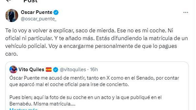 El mensaje de Oscar Puente publicado en X. Foto: EFE