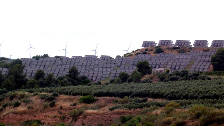 Placas solares en Flix (Ribera d’Ebre), con molinos eólicos al fondo. Foto: ACN