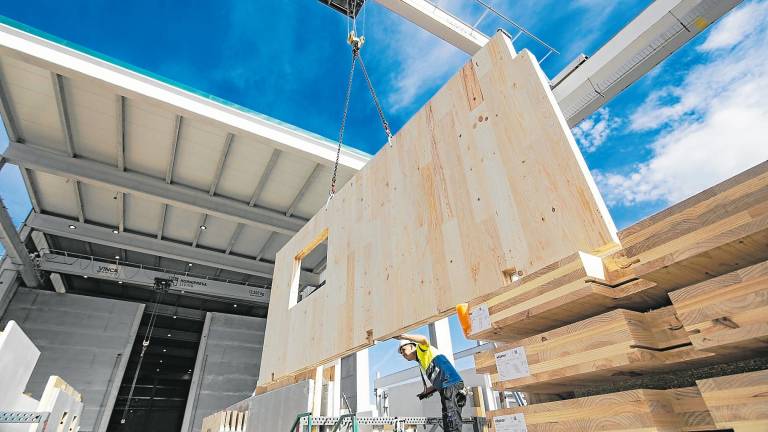 Proceso de descarga de elementos estructurales en madera en las instalaciones de Hormipresa en El Pla de Santa Maria. Foto: Àngel Ullate