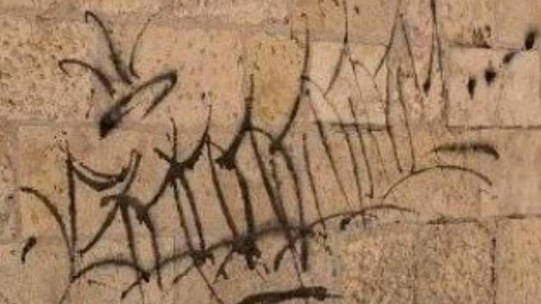 La pintada ha aparegut aquest matí a una de les parets de la Prioral. Foto: Alfredo González