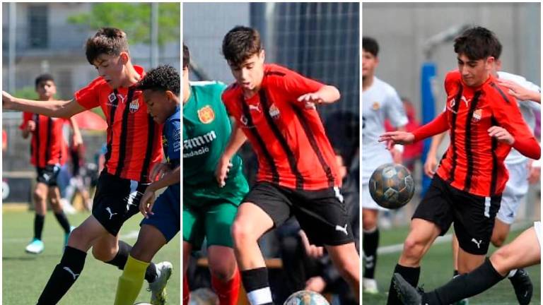 Los tres canteranos rojinegros en plena acción este curso. Foto: Fundació Futbol Base Reus