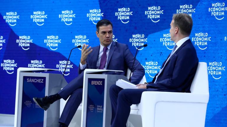 El presidente del Gobierno, Pedro Sánchez, en su intervención en el Foro Económico Mundial de Davos. Foto: Foro de Davos.