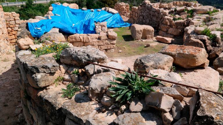 Zona de la premsa de vi trobada al jaciment del Coll del Moro tapada amb lones. Foto: ACN