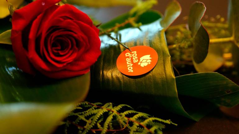 El distintiu guanyador del projecte ‘rosa d’autor’ de Sant Jordi realitzat per Paula Jericó. Foto: ACN