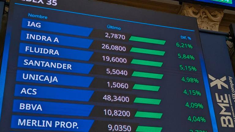 a Bolsa española subió el 2,37 % este martes y recuperó el nivel de 12.000 puntos, después de tres sesiones consecutivas de notables retrocesos, por la posibilidad de que se produzcan negociaciones en el marco de la guerra comercial. Foto: EFE