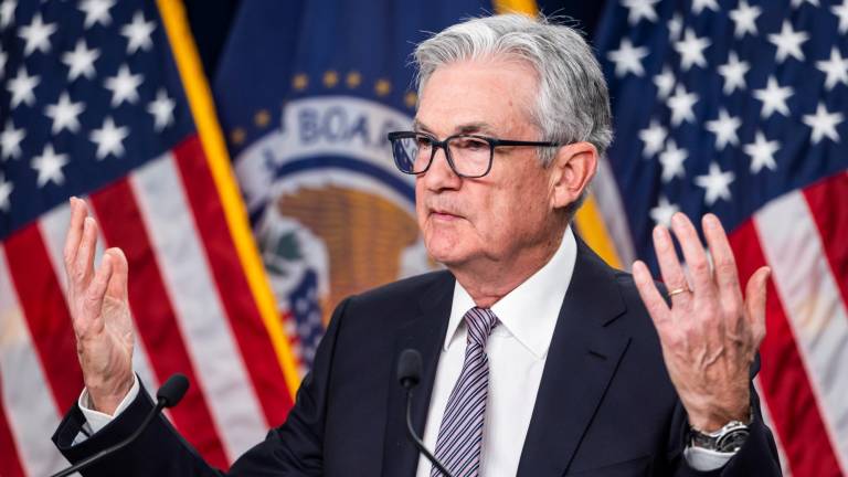 El presidente de la Reserva Federal, Jerome Powell, en la una rueda de prensa posterior al anuncio de la subida de los tipos. Foto: EFE