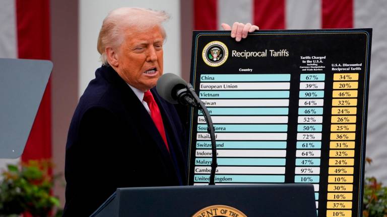 El presidente de EEUU, Donald Trump, muestra una tabla con los aranceles «recíprocos» que impondrá a cada país. FOTO: efe