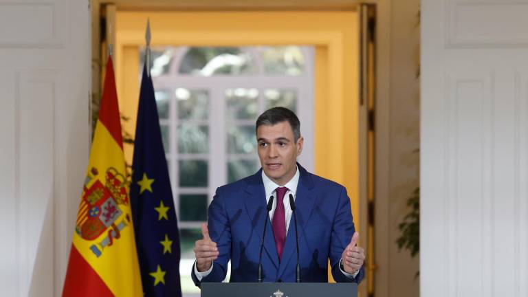 El presidente del gobierno, Pedro Sánchez, realiza declaraciones tras reunión Consejo de Ministros este miércoles en el palacio de la Moncloa en Madrid. EFE/ Juan Carlos Hidalgo
