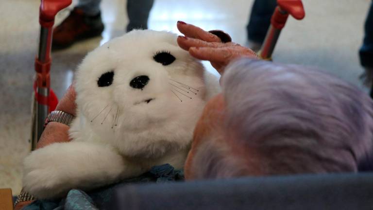 Imagen de Nuka, el robot con apariencia de cachorro de foca en la residencia Llar Conca de Barberà, en Montblanc. Foto: Cedida