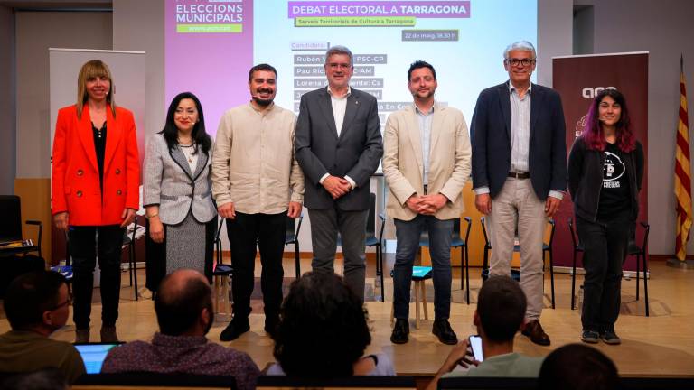 Giné (Sí TGN), Martorell (PP), Collado (ECP), Ricomà (ERC), Viñuales (PSC), Sendra (Junts) y Miguel (CUP) en el debate del lunes. Foto: ACN