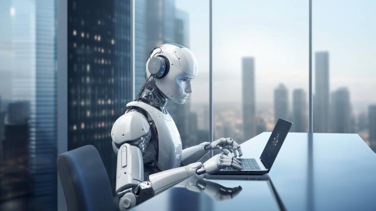 Un robot trabajando con ordenador, en una imagen generada por IA. FOTO: FREEPIK