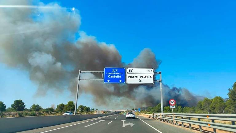 Imagen del incendio desde la A-7 en Mont-roig. Foto: Bombers