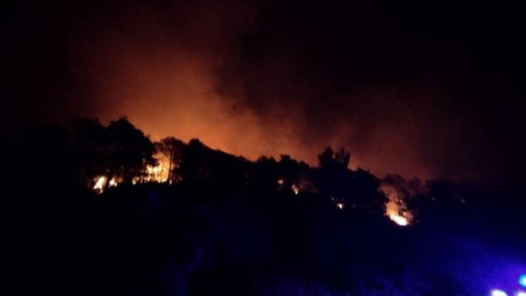 Els bombers treballen per apagar un incendi forestal a Corbera d'Ebre