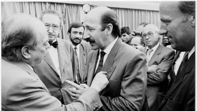 El president Jordi Pujol, i el ministre d’Obres Públiques, Javier Sáenz de Cosculluela, a la inauguració del minitransvasament el 1989. Foto: N.O./DT