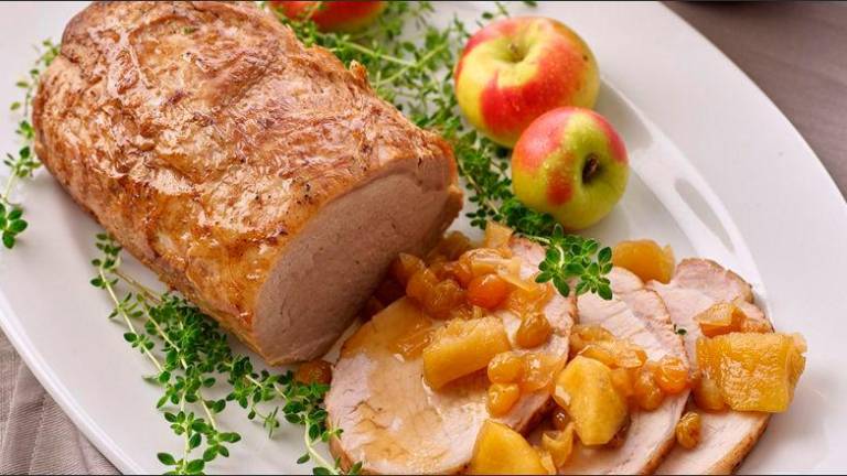 Lomo de cerdo ‘de pagès’ con guarnición de manzana