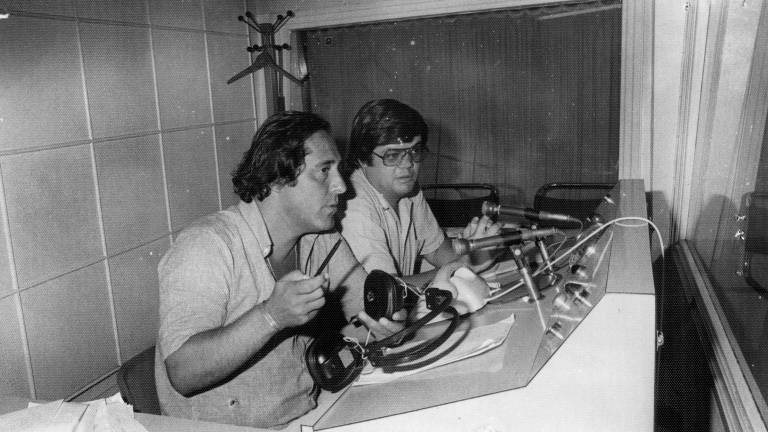 Peiso y Enric Pujol, durante el programa ‘Aquí nosotros’, en 1977. FOTO: Archivo Enric Pujol