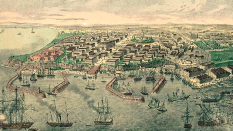 El port d’Odessa, cap al 1850. Històricament, ha estat un dels ports de sortida dels cereals ucraïnesos. Imatge: LITH. u. DRUCK BEI CARL HOHFELDER, MUNCHEN