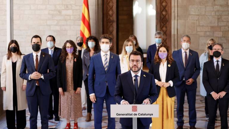 Imagen de la comparecencia de Aragonès y el resto del Govern de este martes en la Generalitat. Foto: EFE