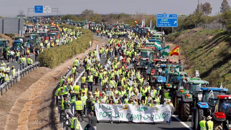 Miles de agricultores y ganaderos con sus tractores cortaron ayer la autovía A-4 a la altura de la localidad sevillana de Carmona. FOTO: VIDAL/EFE
