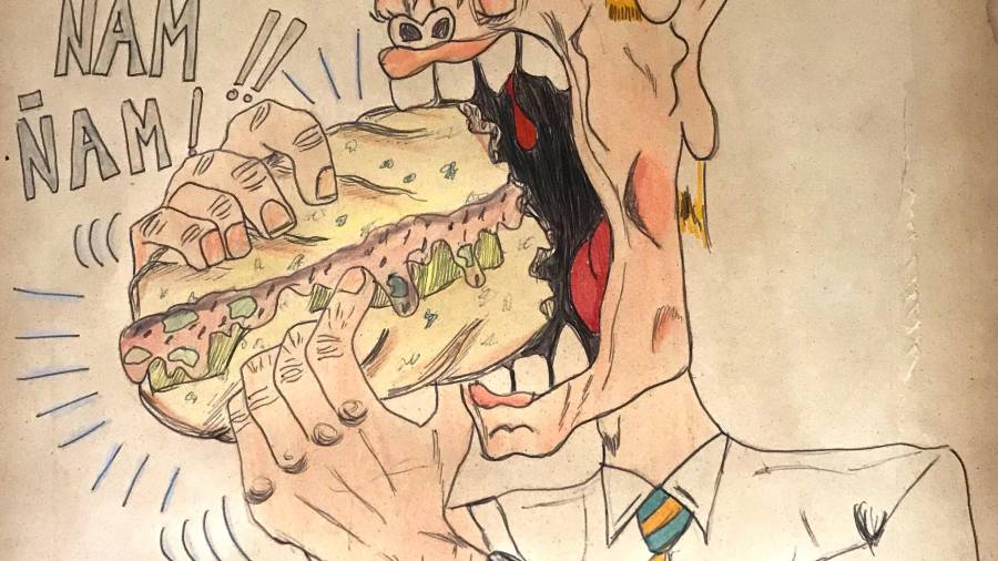Caricatura obra de l’elder Francisco Carballo que penja de les parets de Casa Boada des del 1979 i que mostra un missioner mormó menjant-se un entrepà. FOTO: ARXIU EDUARD BOADA.
