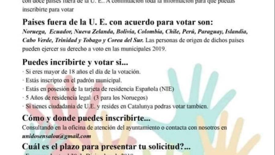 El cartel de Unidos Salou Costa Dorada para que los extranjeros se inscriban y puedan votar