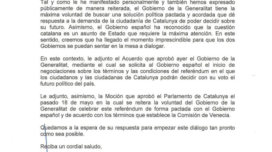 Carta de Carles Puigdemont a Mariano Rajoy para negociar el refer&eacute;ndum