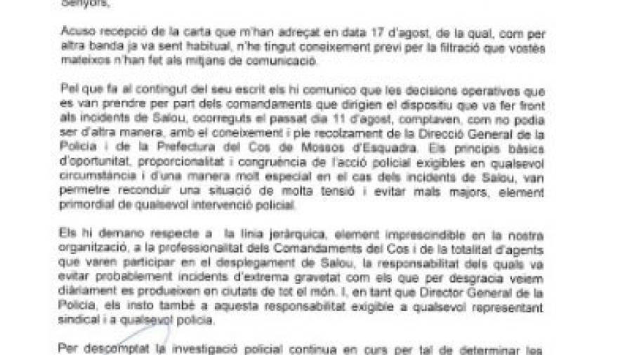 Carta enviada pel director general dels Mossos d'Esquadra, Albert Batlle, als sindicats dels mossos. FOTO: ACN