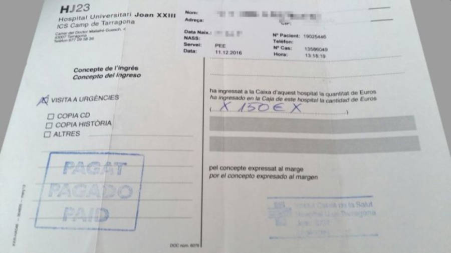 Imagen del recibo que le fue entregado a la familia Quintero, donde constan los 150 euros que tuvieron que pagar. FOTO: Ser Catalunya