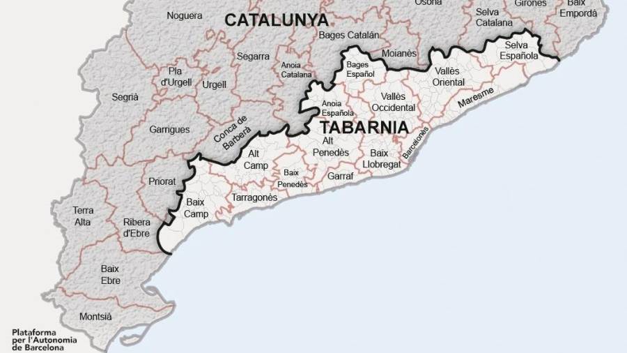 Mapa de Tabarnia, la propuesta de la Plataforma per l’Autonomia de Barcelona. Estar&iacute;a dividida entre la Baja y la Alta Tabarnia.