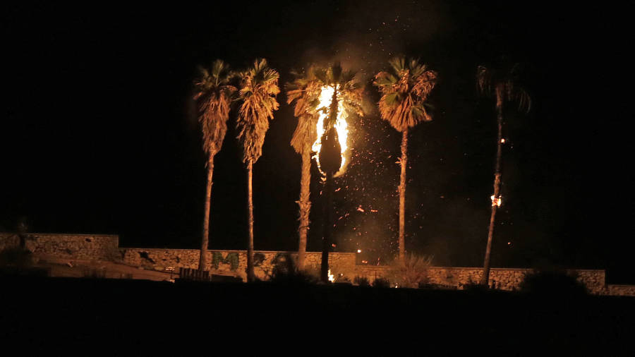 Las chispas del Concurs de Focs alcanzaron a dos palmeras en la noche del viernes. FOTO: Llu&iacute;s Mili&aacute;n