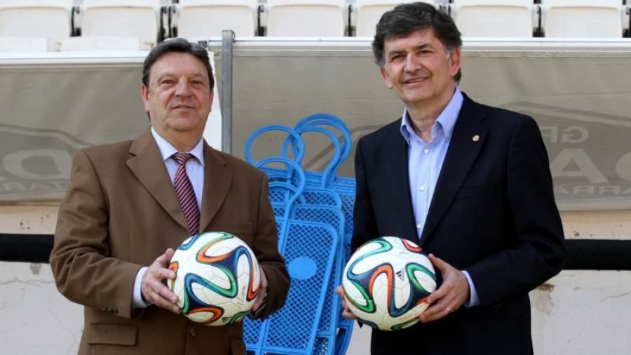 Xavier Llastarri, presidente del CF Reus, y Josep Maria Andreu, del Nàstic, ayer en el Nou Estadi. Foto: Lluís Milián