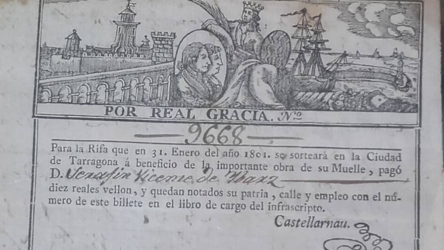 Cupón que se encuentra en el Museu del Port con el que se ayudaba a financiar las obras de ampliación del Port de Tarragona. Impulsado por José Antonio de Castellarnau.