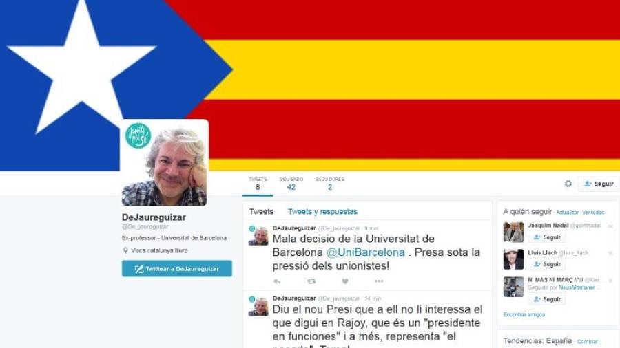 Perfil de Twitter actual d'Àlex de Jaureguizar, on ja ha penjat una piulada queixant-se per la decisió de la UB