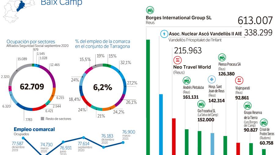 La industria agroalimentaria sigue siendo el sector económico más importante con seis de las diez empresas con mayor volumen de negocio. Destaca en segundo lugar, la Asociación Nuclear Vandellòs II y en tercero y octavo, dos operadores turísticos (Neo Travel World) y Viajesparati.&nbsp;