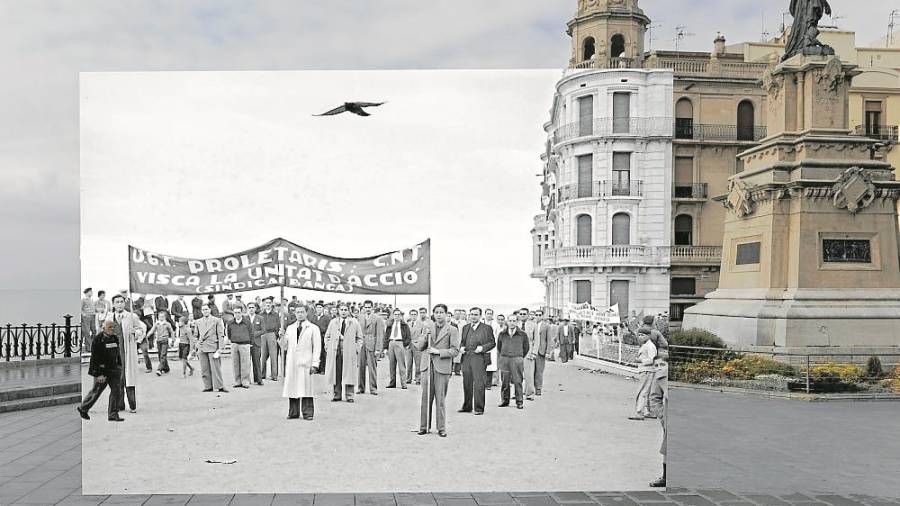 Concentración de trabajadores de Banca en 1937, insertada en una imagen actual del Balcó del Mediterrani. FOTO: Vallvé. Centre d’Imatges de Tarragona/L’Arxiu/Refotografía: Esther Reverté