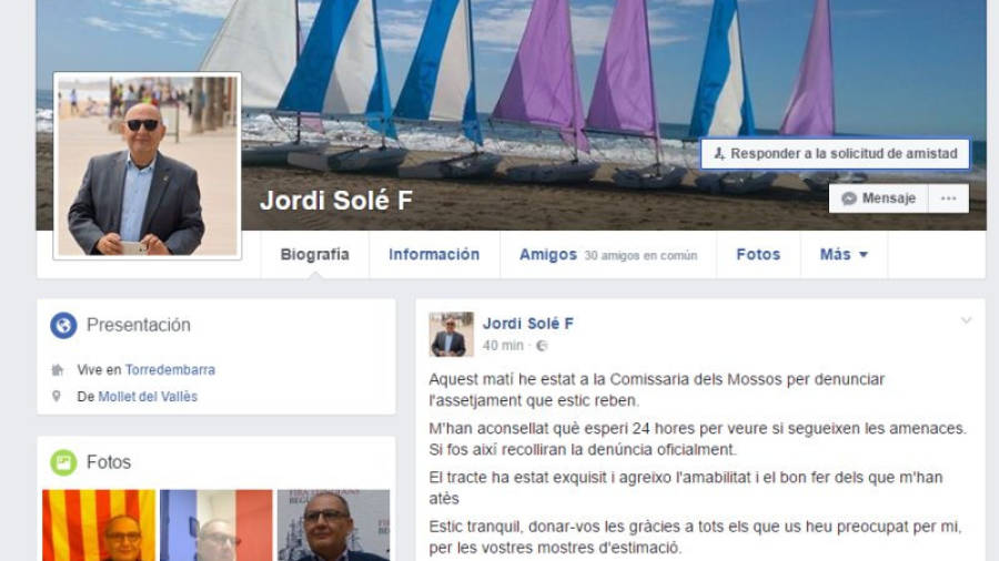 Captura de pantalla del Facebook del edil socialista anunciando que ha denunciado la supuesta extorsión a los Mossos.