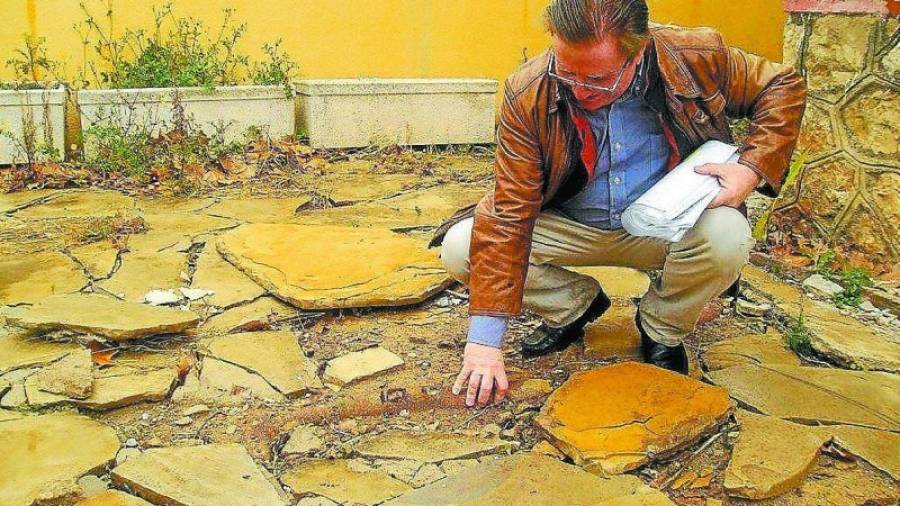 Mario Asensi coge una de las raíces que hay bajo el patio de su casa. Foto: JMB