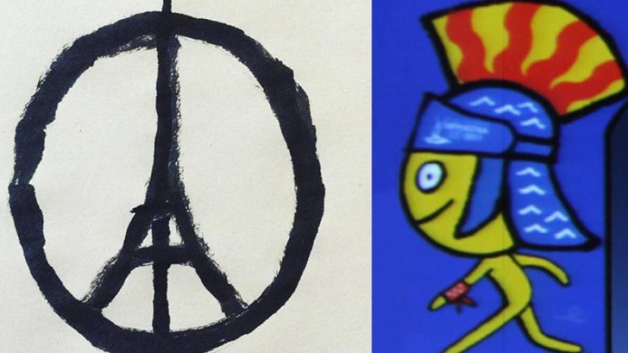 El símbolo de 'Peace for París' junto a la mascota de los Juegos proyectada hoy durante el acto de presentación.