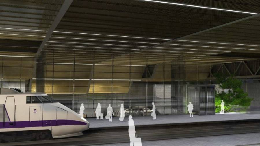 Imatge virtual de l'entrada d'un tren d'alta velocitat a l'andana de la futura estació de l'aeroport de Reus Corredor del Mediterrani