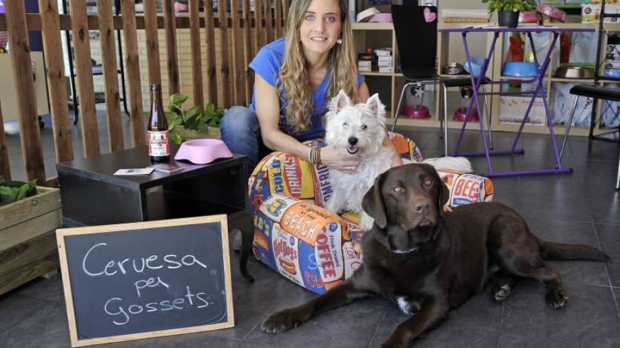 Glòria, con Pipo -el perrito que está sobre el sofá- y Arena, en el suelo, en la cafetería canina. Foto: Alfredo González