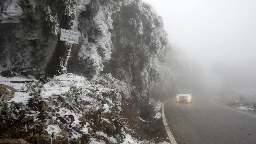 Imatge del glaç i la visibilitat escassa en una de les carreteres de la Terra Alta, ahir. FOTO: JOAN REVILLAS FOTO: JOAN REVILLAS