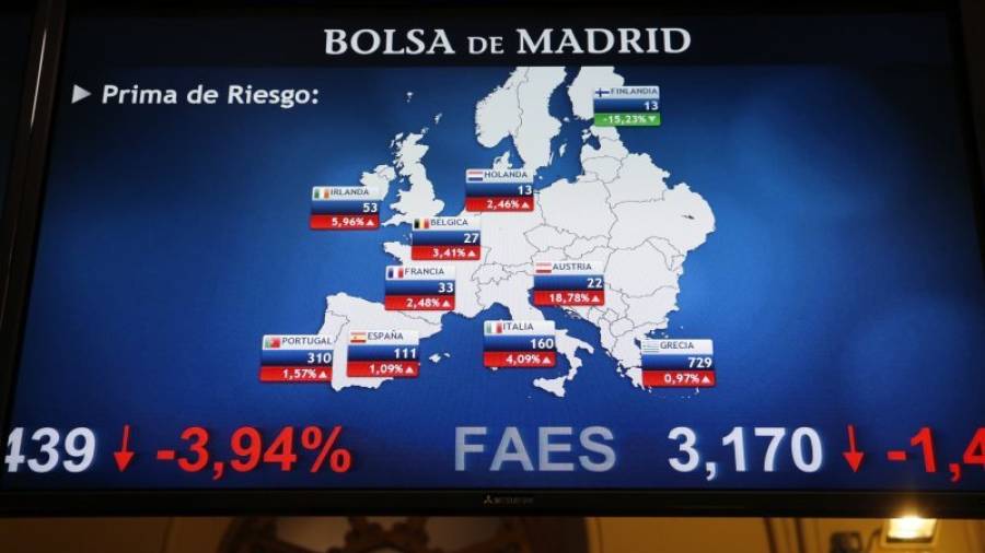 Panel informativo de la Bolsa de Madrid que muestra los valores de la prima de riesgo en los principales países de la zona euro. Foto: EFE