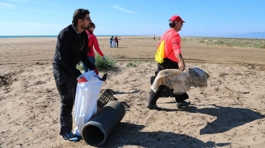 Dos voluntaris recullen brossa a la platja dels Eucaliptus dâ€™Amposta, ahir al migdia. FOTO: ACN