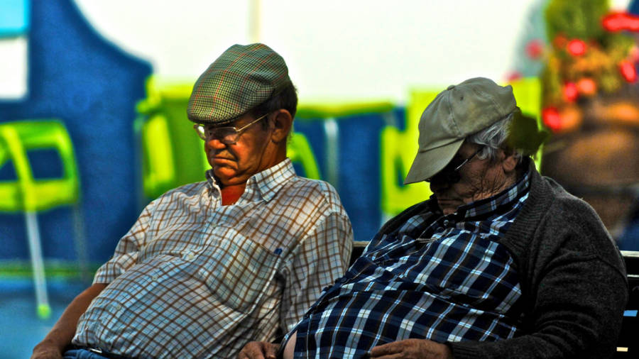Dos hombres hacen la siesta en un banco, en plena calle