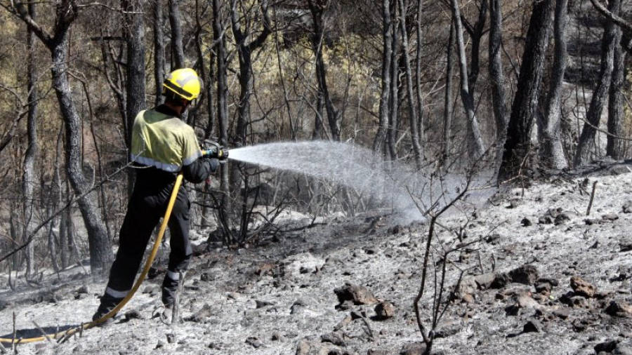 Detall d'un bomber ruixant una zona cremada de l'incendi de la Pobla de Montornès. Foto: ACN